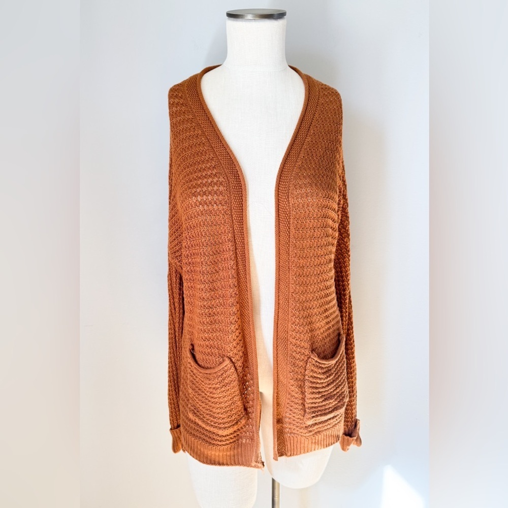 Pinque Waffle Wide Knit Brown Cardigan Sweater Lightweight Open Front Pockets M